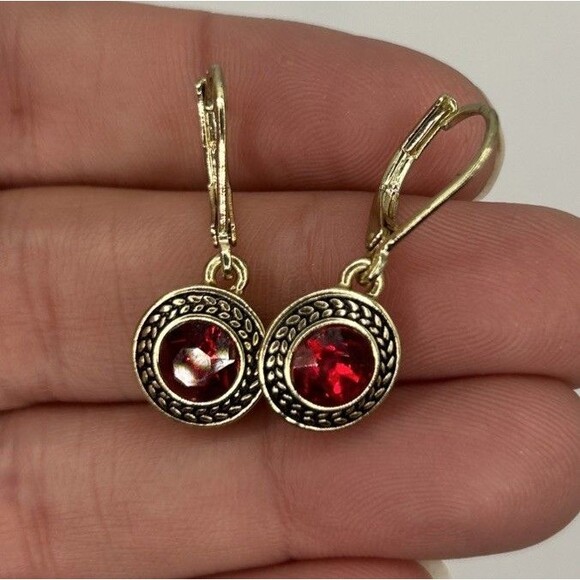 Napier Jewelry - Napier Vintage Pierced Earrings Leverbacks Faux Garnet Gold Tone Round Dangle